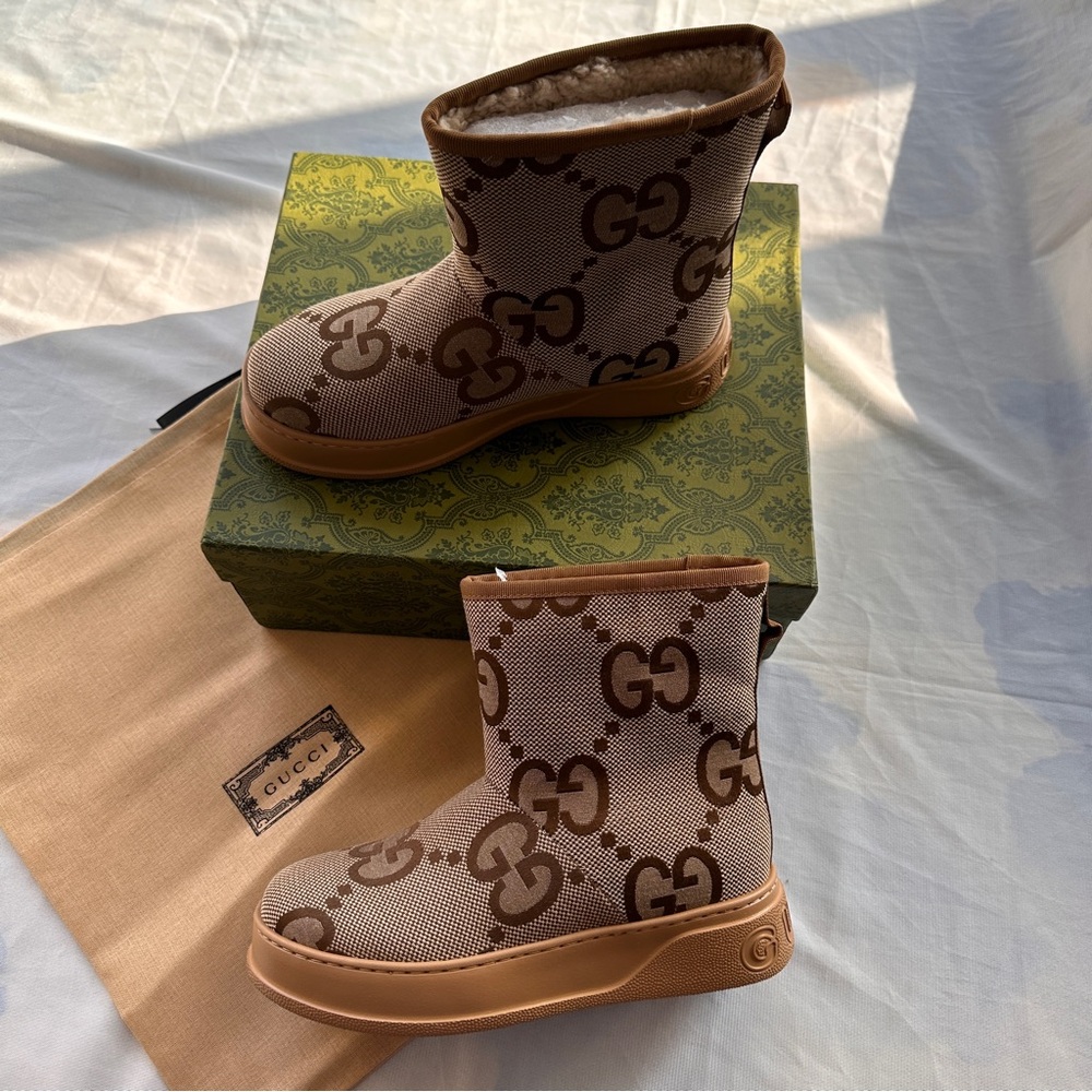 Gucci Monogram Fleece-Lined Snow Boots, Brown
